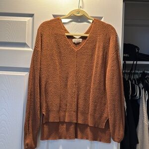 CAbi Brown V-Neck Sweater with Lattice Detail